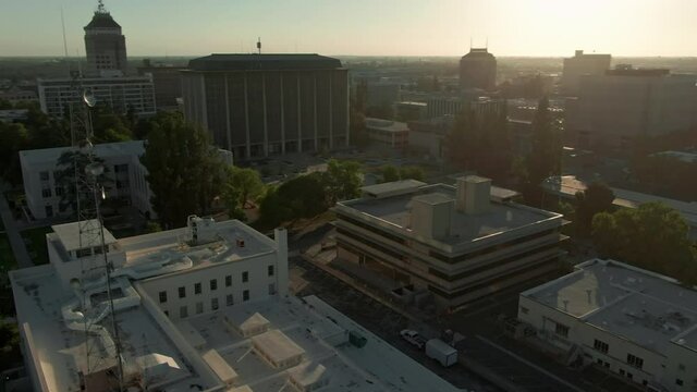 Aerial: Fresno city skyline at sunset. California, USA