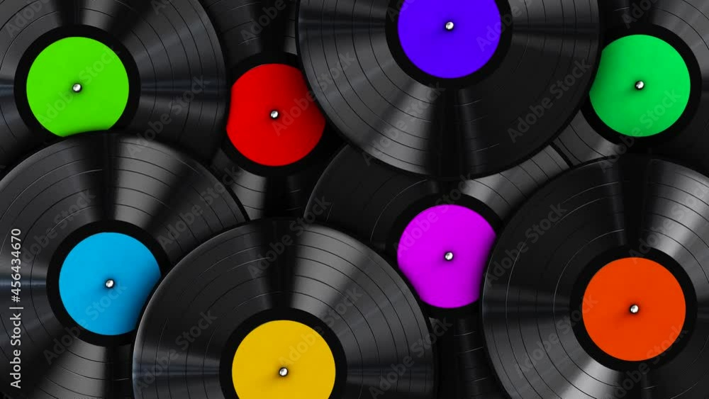 Poster realistic seamless looping 3d animation of the colorful vinyl records rendered in uhd as motion back