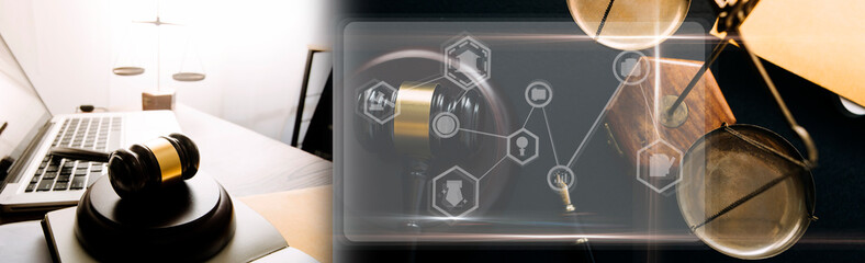 justice and law concept.Male judge in a courtroom on wooden table and Counselor or Male lawyer working in office. Legal law, advice and justice concept.