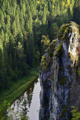Vertical stone pillar Devil's Finger as part of a geological object Stone Usvinskie Pillars
