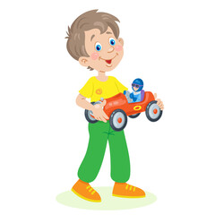 Funny  boy with a red racing car in his hands. In  cartoon style. Isolated on white background. Vector flat illustration