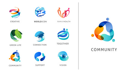 Logo set, creative, technology, biotechnology, tech icons concept design. Colorful abstract logos of creativity, community, ideas and support 