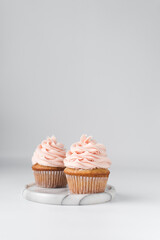 Vanilla cupcake with a tall swirl of pink frosting, plain cupcake with pastel pink buttercream