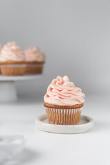 Vanilla cupcake with a tall swirl of pink frosting, plain cupcake with pastel pink buttercream