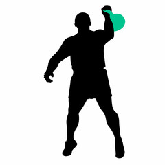 Silhouette of a weightlifter in a standing position with a kettlebell. Weight-lifting. Flat style. Training set. Isolated vector illustration.