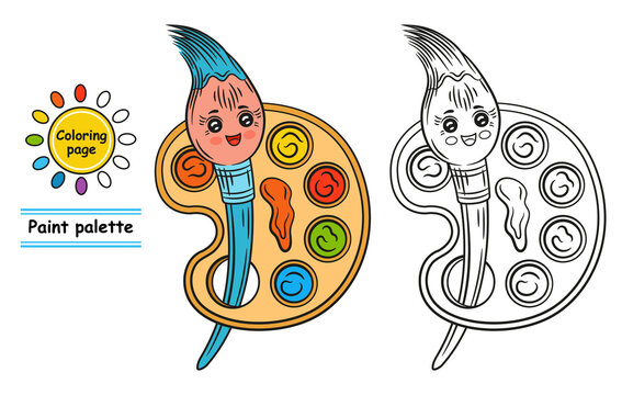 Paint palette and brush character for kids coloring book. Cute painting pen with smile. Art material. Painter supplies. Cartoon colored and black outline drawing. Colouring page, children game. Vector