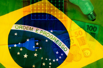 Energy Power Crisis in Brazil Double exposure Image with money, flag and photovoltaic solar panel....