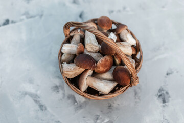 natural delicious mushrooms in a basket on a gray wooden background