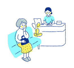 病院の待合室　看護師と困った表情の女性患者