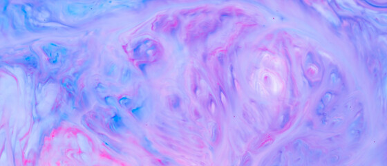 Fluid Art. Abstract liquid paint textured background with decorative spirals and swirls. Liquid pink blue backdrop. Trendy wallpaper