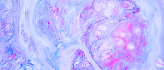 Fluid Art. Abstract liquid paint textured background with decorative spirals and swirls. Liquid pink blue backdrop. Trendy wallpaper
