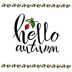 Hello autumn illustration with lettering text and ornament of rose hip twigs and colorful leaves. Modern calligraphy for posters, stickers, gift tags, greeting cards. Vector illustration.