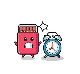Cartoon Illustration of matches box is surprised with a giant alarm clock