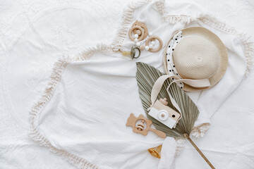 Flat lay with newborn accessories, top view, flat lay - 456443441
