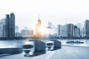 Double exposure of delivery industry and logistics concept container truck ,ship in port and freight cargo plane in transport and import-export commercial logistic ,blue tone