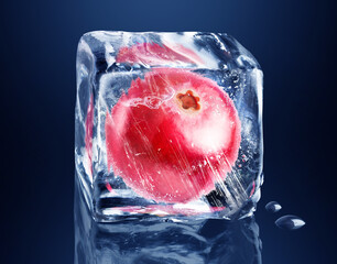 Cranberry in ice cube isolated on black, dark blue background