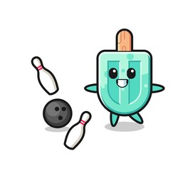 Character cartoon of popsicles is playing bowling