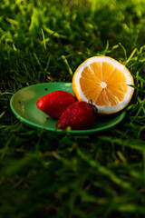 Defocus close-up saucer with lemon and two strawberry standing on deep green grass. Blurred nature background. Bright summer fruits outdoor. Sunshine. Vitamin c. Out of focus
