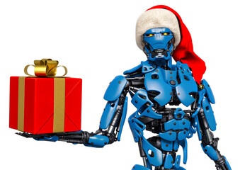 Fototapeta premium cyborg is holding present and gift like a santa
