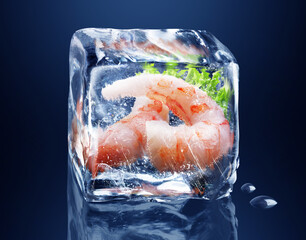 Shrimps frozen in ice cube isolated on black, dark blue background