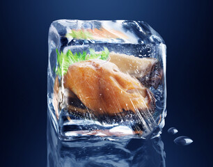 Mussels frozen in ice cube isolated on black, dark blue background