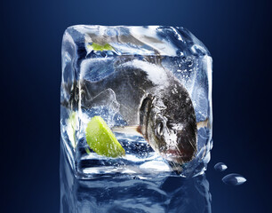 Whole fish frozen in ice cube with lime isolated on black, dark blue background