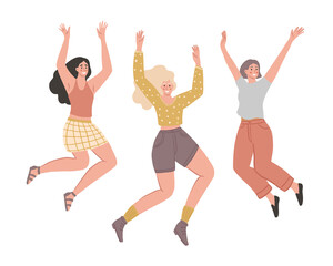Naklejka na ściany i meble Group of smiling jumping girls. Young happy women celebrating success. Women dancing. Isolated on white background. Cartoon flat style vector illustration