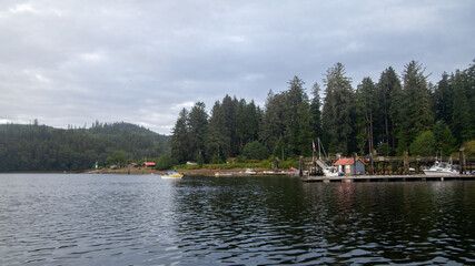 The view coming into Winter Harbour, British-Columbia. Winter Harbour is a small fishing town, popular for commercial boats and fishing lodges with charters.