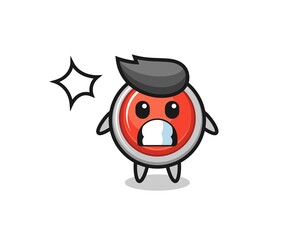 emergency panic button character cartoon with shocked gesture