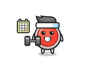 emergency panic button mascot cartoon doing fitness with dumbbell