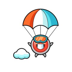 emergency panic button mascot cartoon is skydiving with happy gesture