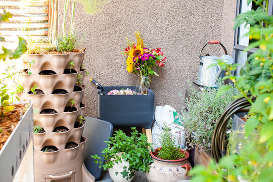 A busy patio (balcony) garden is filled with vegetables, herbs and flowers. A vertical garden tower sits in one corner, and a worm composter (vermicomposting) recycles food and garden waste