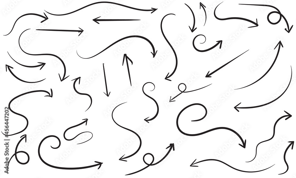 Poster set of vector curved arrows hand drawn. sketch doodle style. collection of pointers. vector illustra