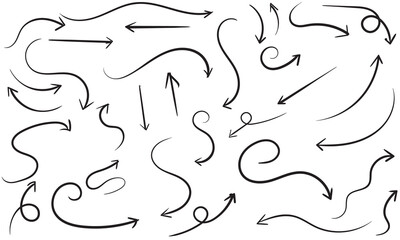Set of vector curved arrows hand drawn. Sketch doodle style. Collection of pointers. Vector illustration