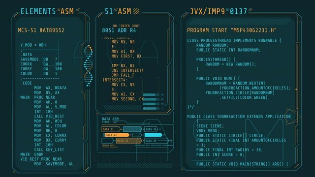 Animated poster of HUD interface with coding elements.