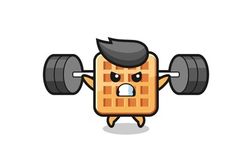 waffle mascot cartoon with a barbell