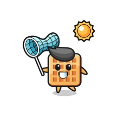 waffle mascot illustration is catching butterfly