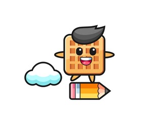 waffle mascot illustration riding on a giant pencil