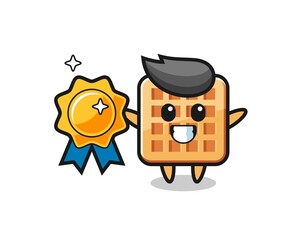 waffle mascot illustration holding a golden badge