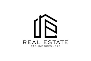 Letter E Simple modern building architecture logo design with line art skyscraper graphic