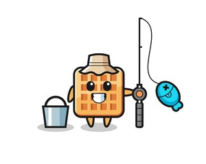 Mascot character of waffle as a fisherman