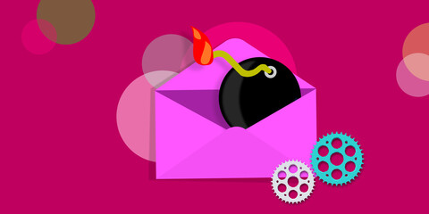 Toxic message. Correspondence and announcement envelope and bomb. Mail error. Computer security, cheating. Warning, e-mail. INTERNET INSECURITY. Set of gear wheels, CREATIVE MEETING.