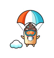 cupcake mascot cartoon is skydiving with happy gesture