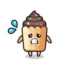 cupcake mascot character with afraid gesture