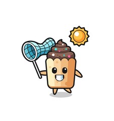 cupcake mascot illustration is catching butterfly