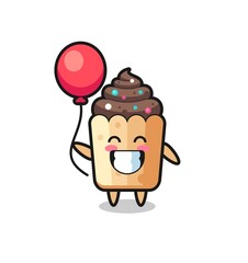 cupcake mascot illustration is playing balloon