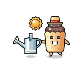 Cartoon character of cupcake holding watering can