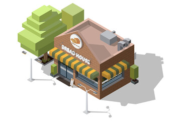 Isometric bakery and cafe with sign or logo on top in the shape of bread 3D model of bread shop and tree with street lamps vector illustration isolated on white backgrounds