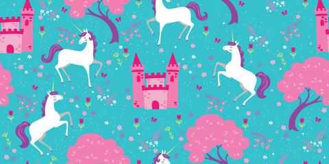 Magical Unicorns and Pretty Castles seamlessly repeat in this fantasy themed vector pattern. It's perfect for backgrounds, fabric, or wall paper. Cheerful, girly color scheme. © DezziDesign