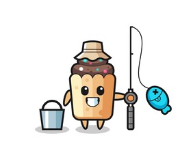 Mascot character of cupcake as a fisherman